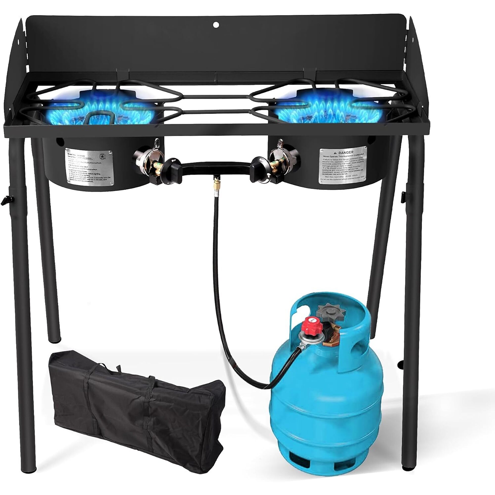 Red Mountain Valley Camping Gas Stove with Two Burners with Removable Legs, Portable Bag and Windshield, 60,000 BTU Burner, CSA Certified, Outdoor Burner, Portable